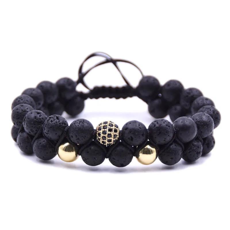Браслет подвійний плетений з лавового каменю з кулею та гематитом р. 17 Чорний/Золотий (80146)