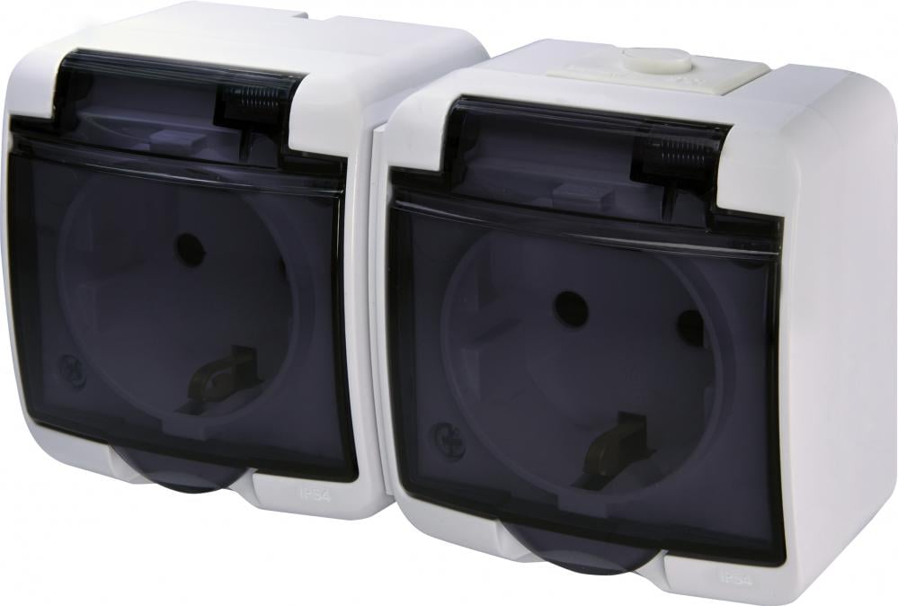 Розетка зовнішня подвійна ETI RHE-2sd із заземленням/прозорою кришкою IP54 Білий (4668020)