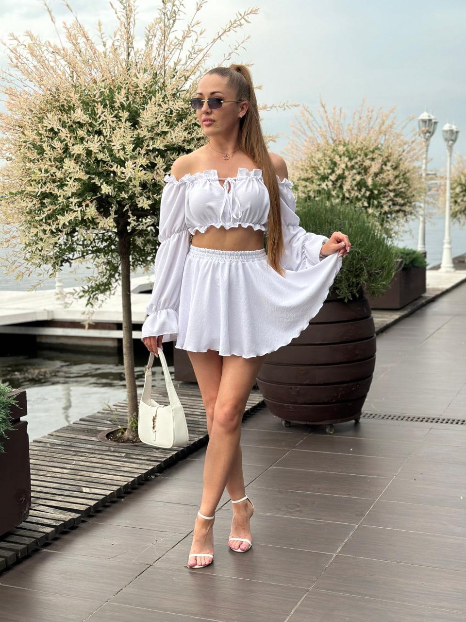 Костюм женский из креп жатки топ с длинными рукавами и юбка-шорты 3XL Белый (2628190786) - фото 3 Костюм женский из креп жатки топ с длинными рукавами и юбка-шорты 3XL Белый (2628190786) - фото 3