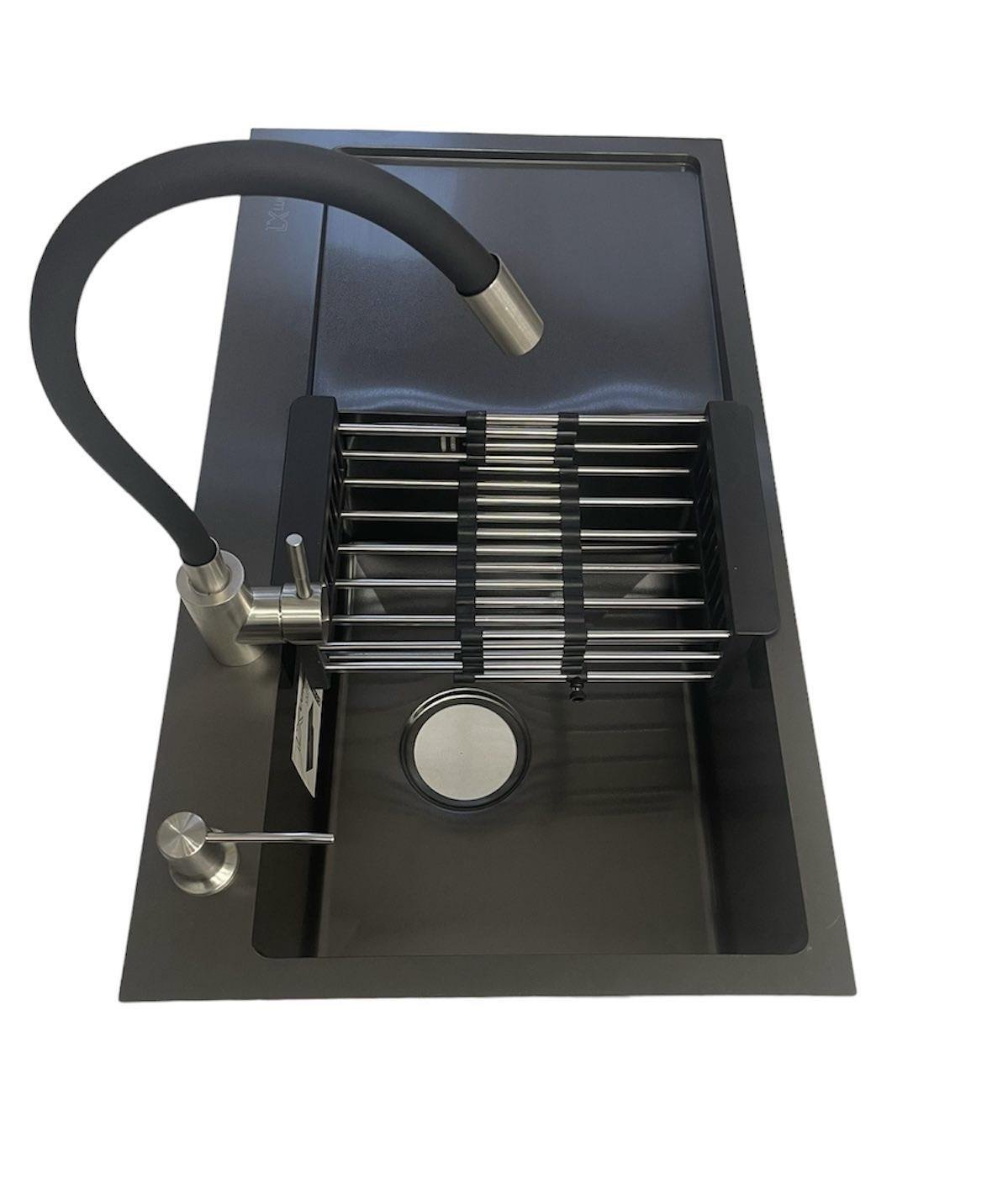 Мойка Luminex левая и смеситель для кухни с гибким изливом Kroner ESG035BLK 78х44 см Черный