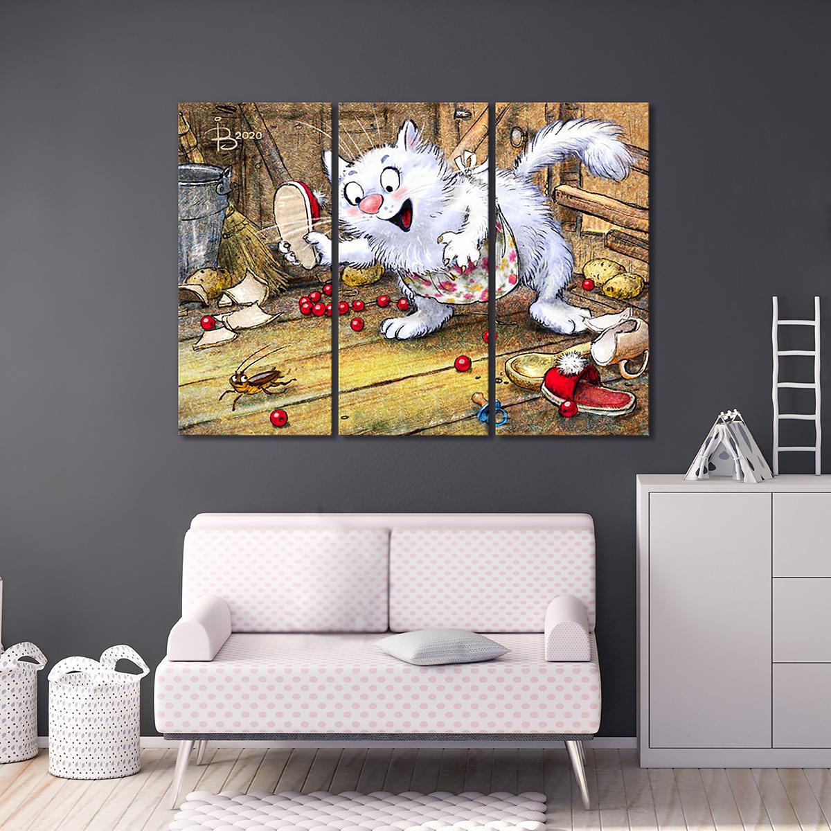 Модульная картина Мурочка в охотничьем азарте 3 модуля 50x75 см