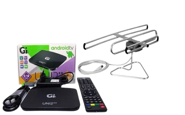 Комплект Смарт AndroidTV/Т2 тюнер GI UNI 2++ 2/16 TM/Антенна улучшенная комнатная с тв-кабелем (1049)