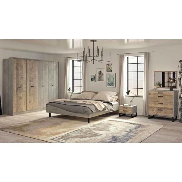 Спальный гарнитур Бари 1 Сокме шкаф 4Д/комод 4Ш/двуспальная кровать 160x200 см Вудкон/Дуб гранж песочный