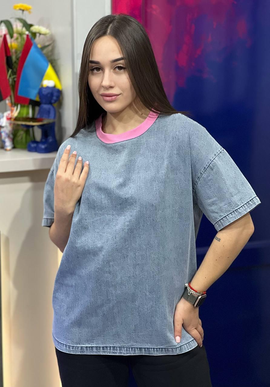 Футболка женская из денима OS Розовый (#25018-02) - фото 4 Футболка женская из денима OS Розовый (#25018-02) - фото 4