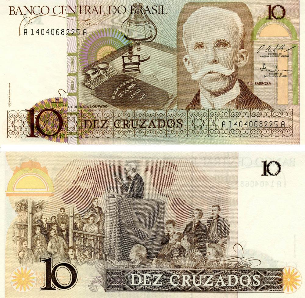Коллекционная банкнота Бразилия 10 крузадо 1986-1987 UNC P209 (Б13169)