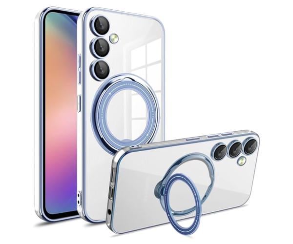 Силиконовый чехол накладка Clear Case для Samsung Galaxy S24 с металлическим кольцом держателем и защитой для камеры Голубой