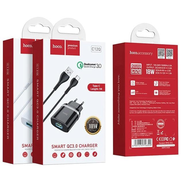 Пристрій мережевий зарядний Hoco C12Q Smart QC3.0 1 USB/3A з кабелем для заряджання USB/MicroUSB Чорний - фото 4