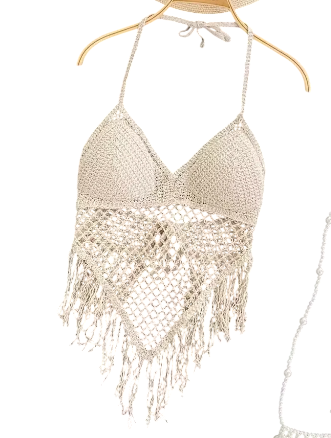 Топ вязан на завязках с ажурным треугольником-сеткой S/M Бежевый (22-92-1574-БЕЖ)
