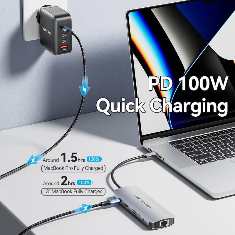 USB-хаб Vention Type-C-3x USB 3.0/5 Гбит/с HDMI 4K 60Hz/Type-C PD 100W/SD/TF карты RJ45 1 Гбит/с 3,5 мм minijack USB-C Серый (TQLHB) - фото 7