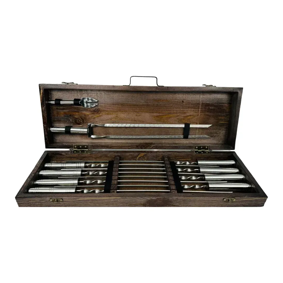 Набор шампуров и аксессуаров Серебро из 10 предметов в деревянном кейсе из нержавеющей стали Коричневый (146-10-KS-7611)