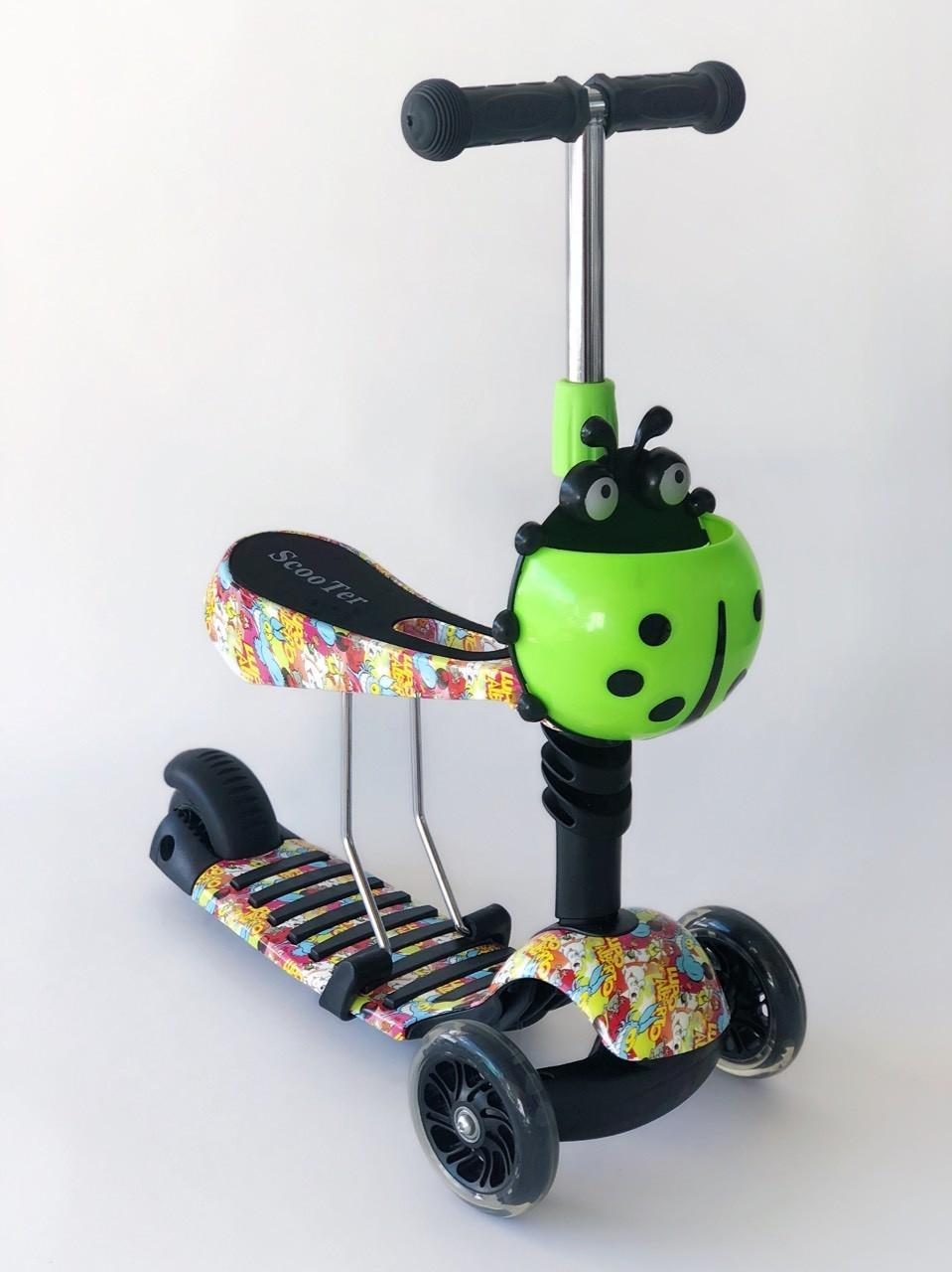 Самокат-беговел 2в1 Scooter Pro PP3 Божья Коровка Черный с салатовым