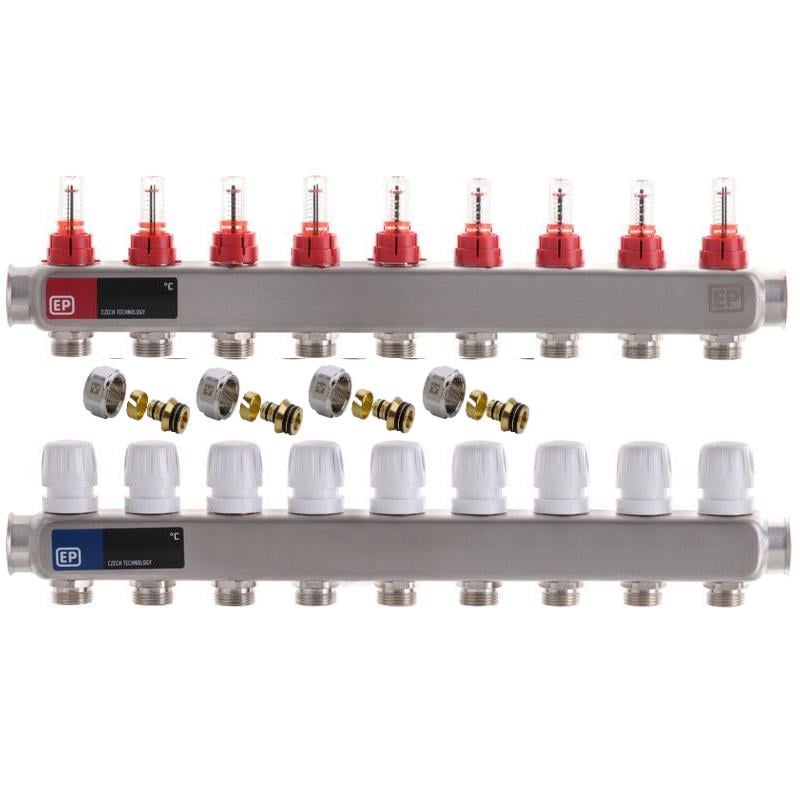 Коллектор с евроконусами для теплого пола Europroduct 9 контуров с расходомерами (EP4985k) Коллектор с евроконусами для теплого пола Europroduct 9 контуров с расходомерами (EP4985k)