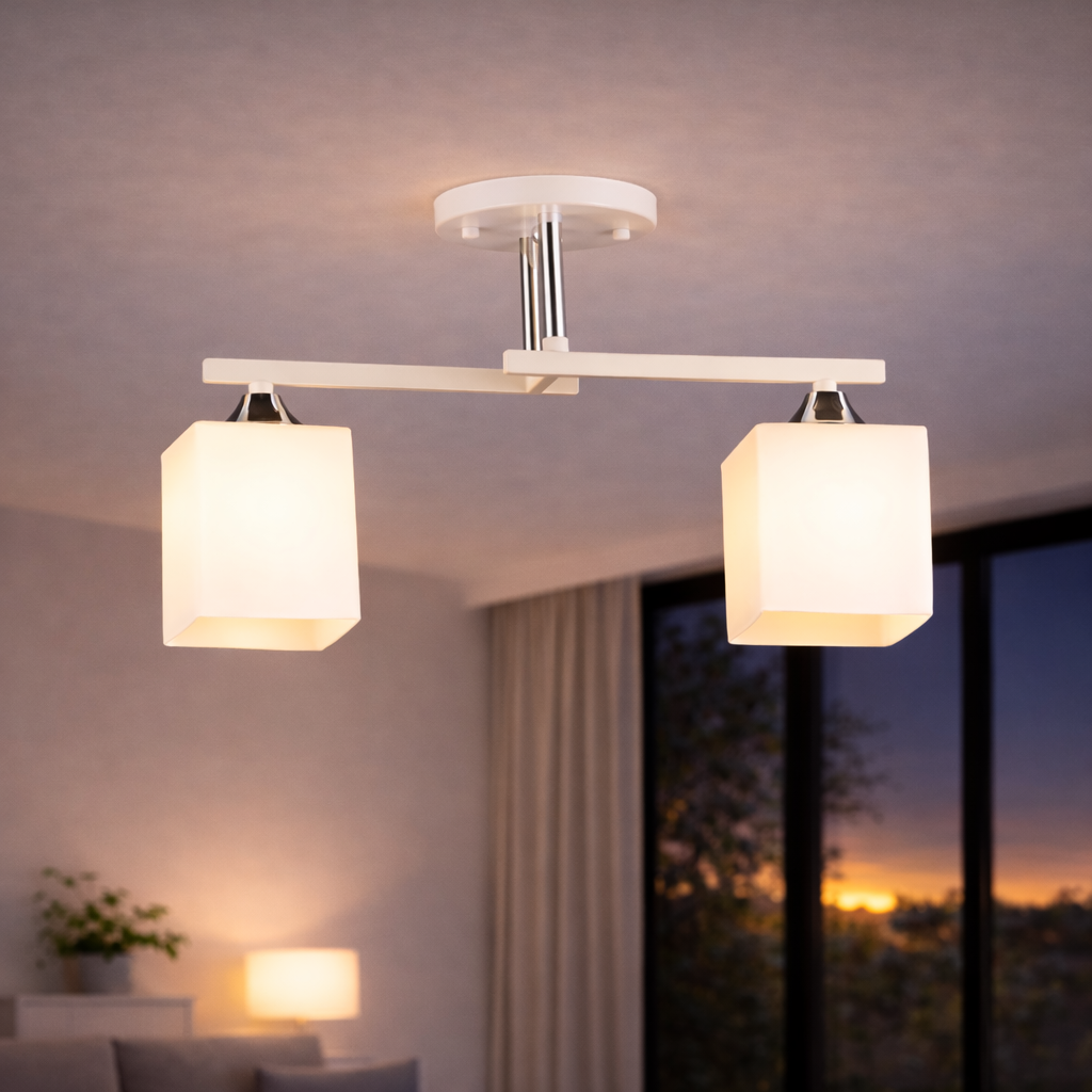 Люстра Valeso з двома квадратними плафонами під лампу Е27 Білий/Хром (B N6788/2 WT+CH)