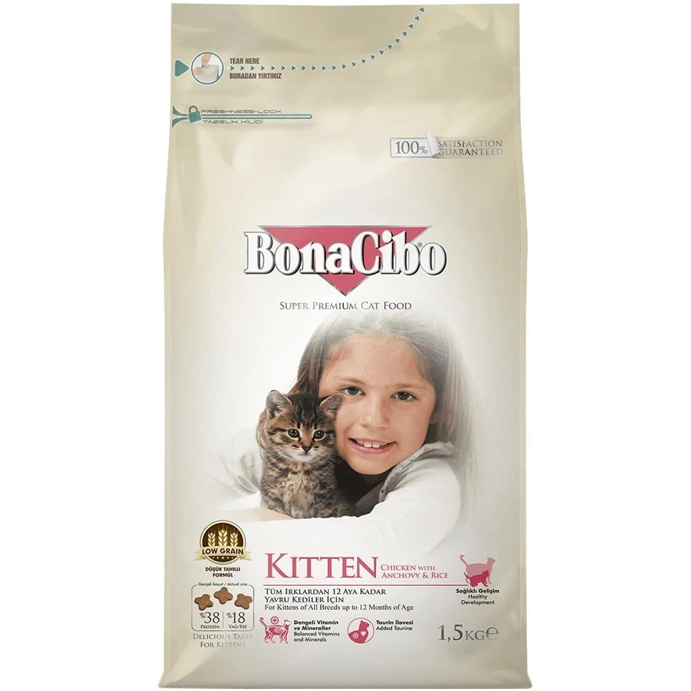 Корм сухий BonaCibo Kitten Chicken&Rice with Anchovy для кошенят з куркою анчоусами та рисом 1,5 кг (BC406083)