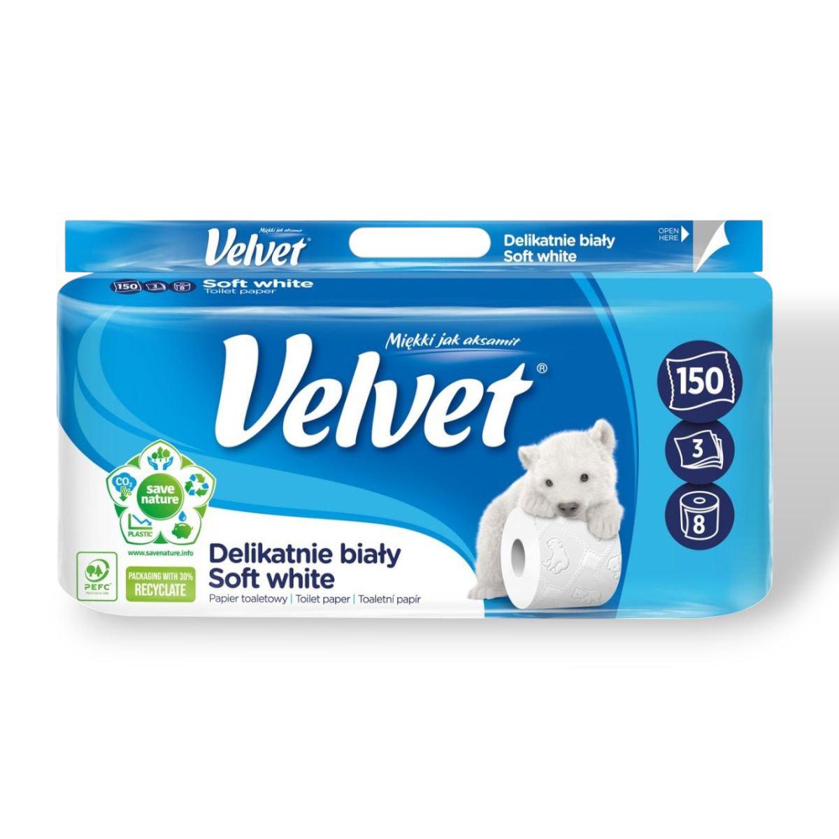 Туалетная бумага Velvet Soft White 3-слойная 150 отрывов 8 шт.