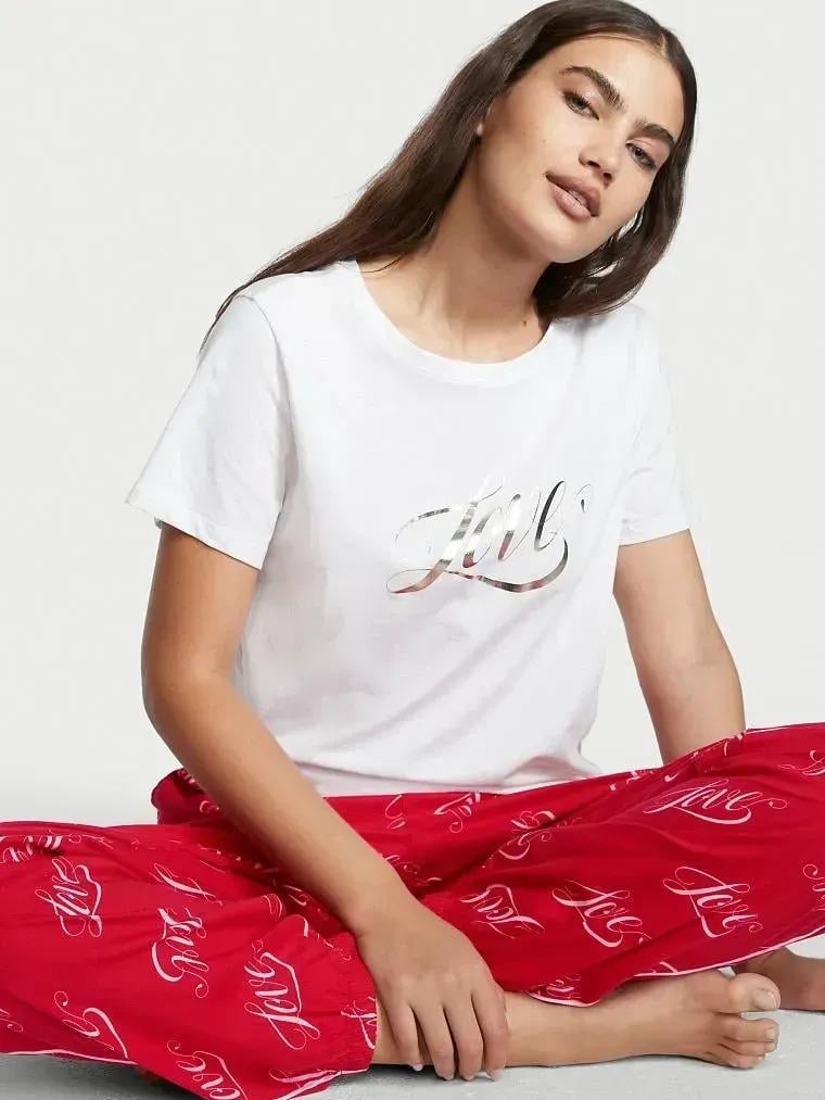Пижама хлопковая Victoria's Secret Flannel Tee-Jama Set Long Long L Красный (26382378)