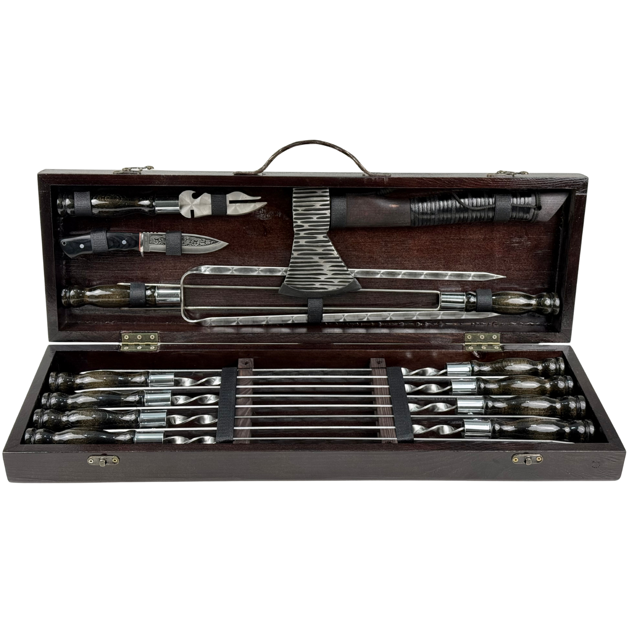 Набор шампуров Ворон из нержавеющей стали с аксессуарами в деревянном кейсе