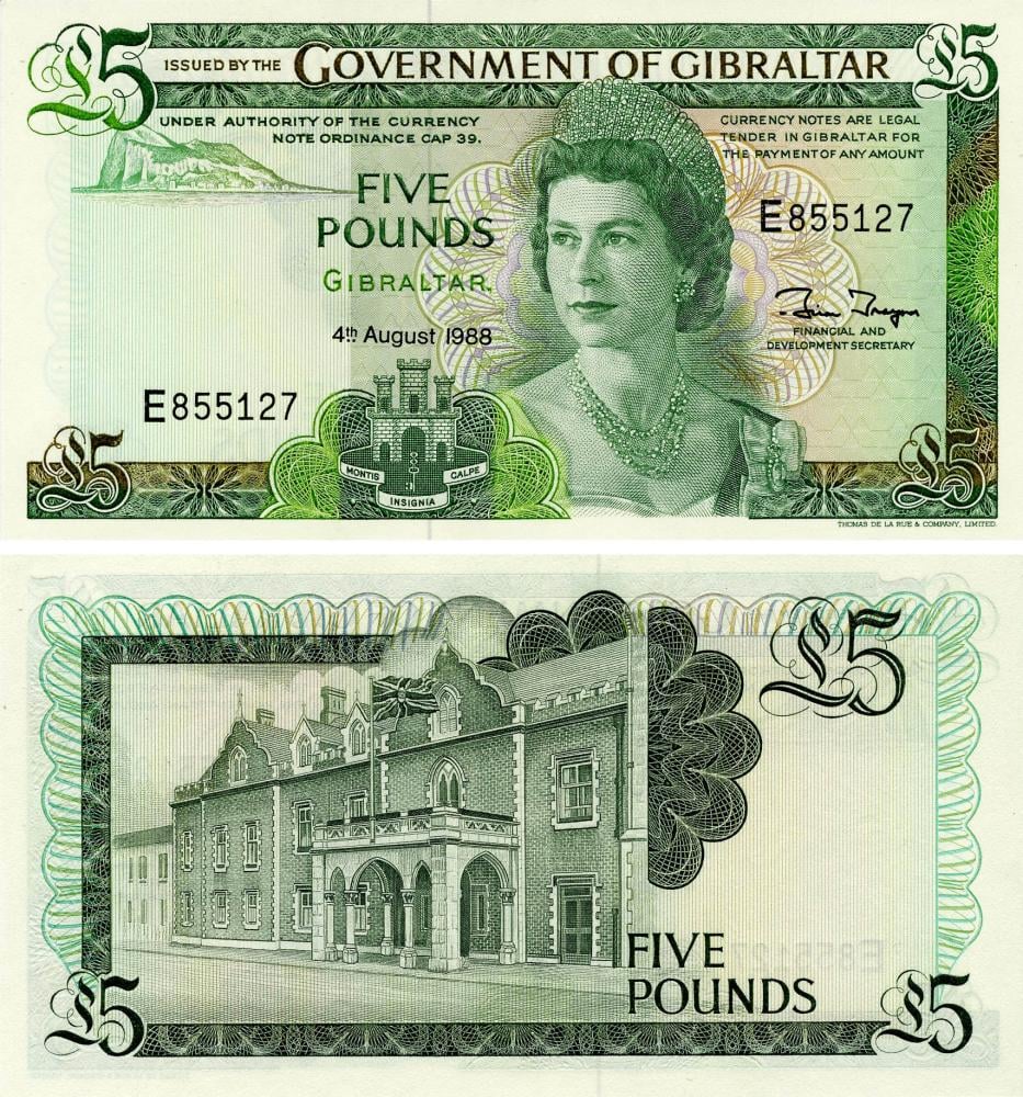 Коллекционная банкнота Гибралтар 5 фунтов 1988 UNC P21b (Б17979)