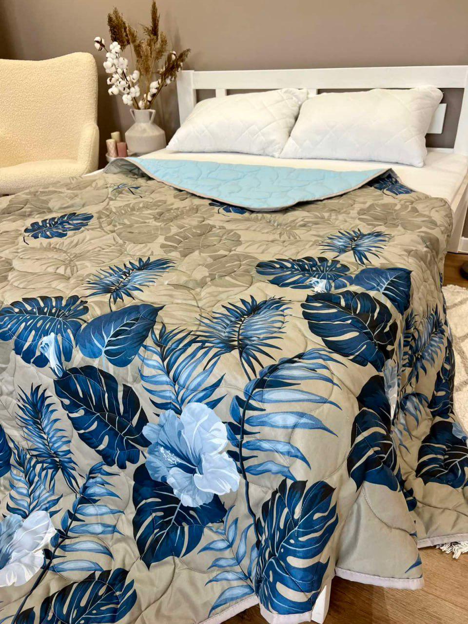 Ковдра літня двостороння Рослини сатин та жата мікрофібра двоспальна 180x210 см Білий (26526991)