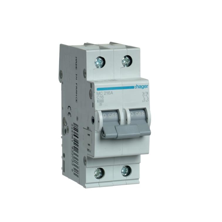 Автоматический выключатель Hager 2P 16A C 6 kA MC216A 2M