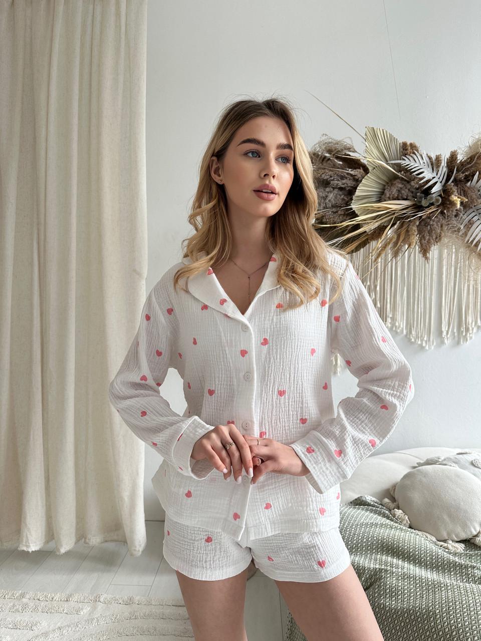 Пижама женская муслиновая со свободными шортами S Белый (ВК4302В-4)