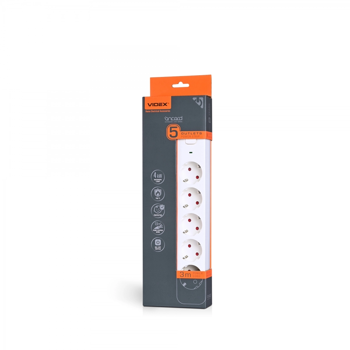 Подовжувач мережевий VIDEX ONCORD з/з 5п з кнопкою 3 м 3x1,5 мм White (VF-PD53G-W)