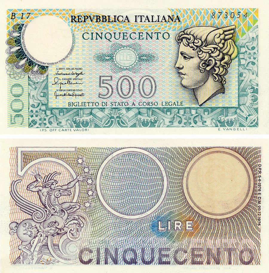 Коллекционная банкнота Италия 500 лир 1974 г. UNC P94 (Б20794)