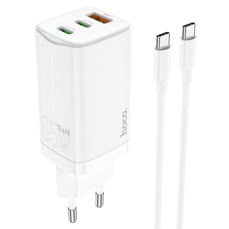 Зарядний пристрій для телефонів Hoco N16 Scenery GaN 65W three-port та кабель Type-C-Type-C White (1745407215)