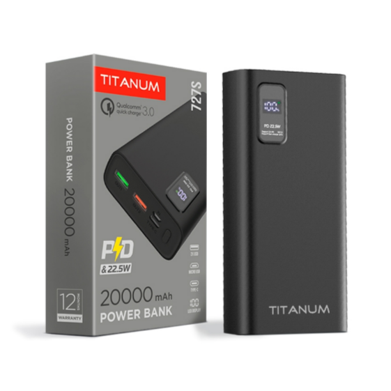 Повербанк TITANUM TPB-727S-B 22,5W QC+PD 20000 mAh Чорний