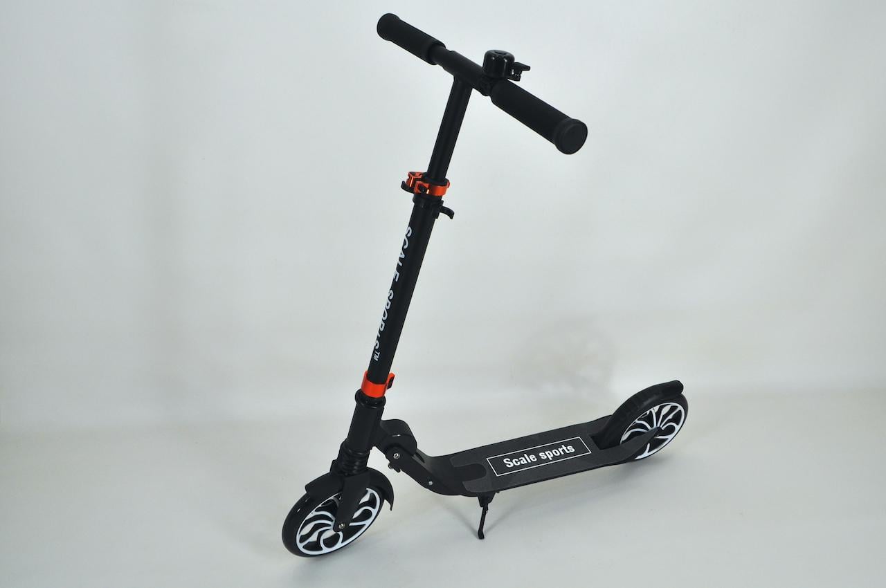 Самокат Scale Sports SS-17 двухколесный с амортизатором складной + ремень + звонок + мигалка Черный