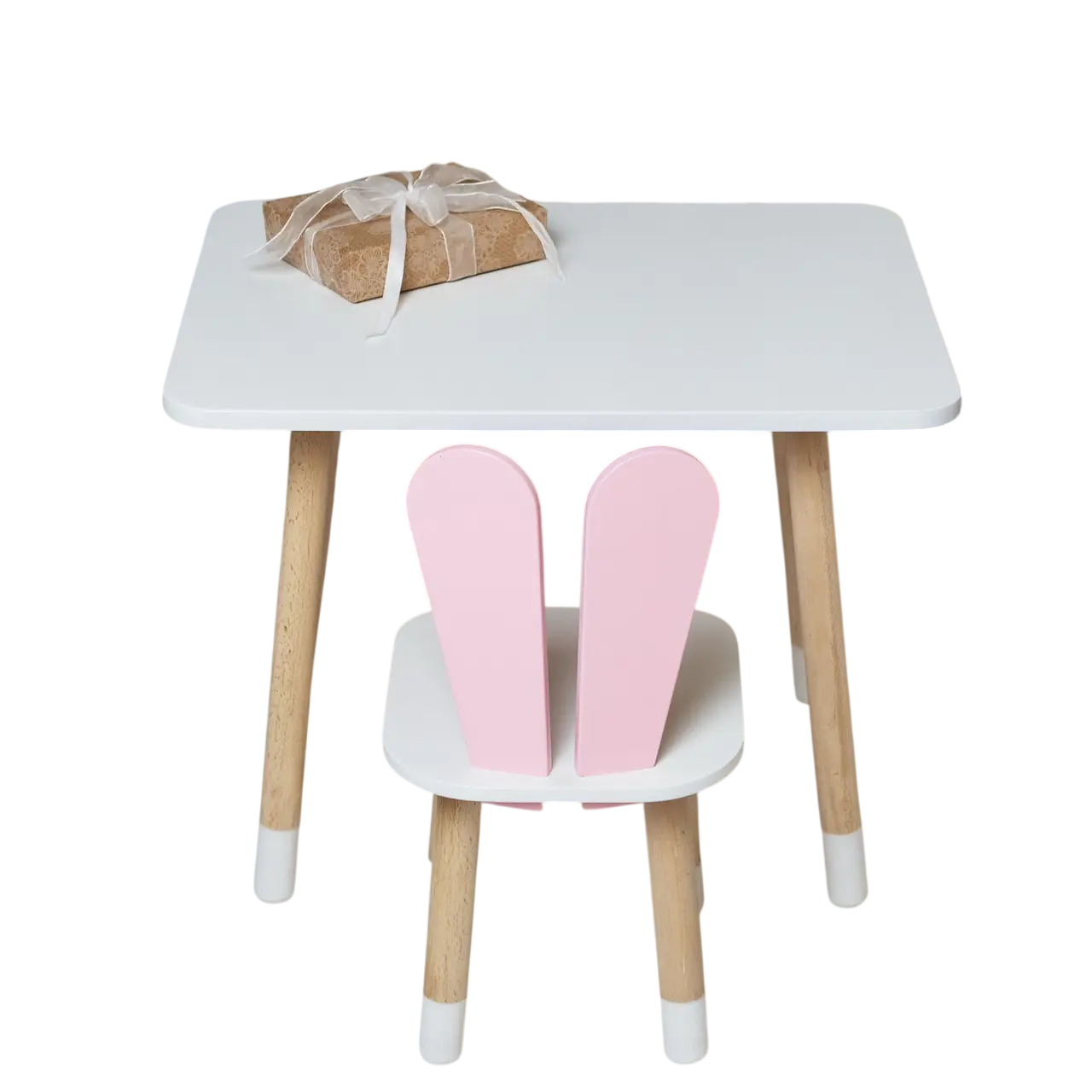 Набор детский прямоугольный столик со стулом Зайка деревянная 46х60х45 см Бело-розовый (150-7-230002)