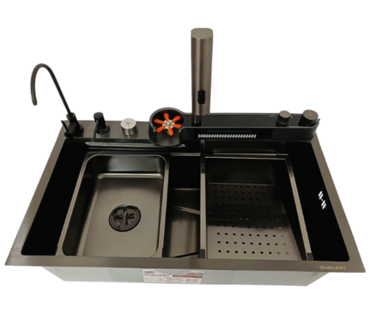 Комплект кухонная мойка и смеситель Valeso PVD Handmade Водопад 75x45 см DF Черный (29293881)