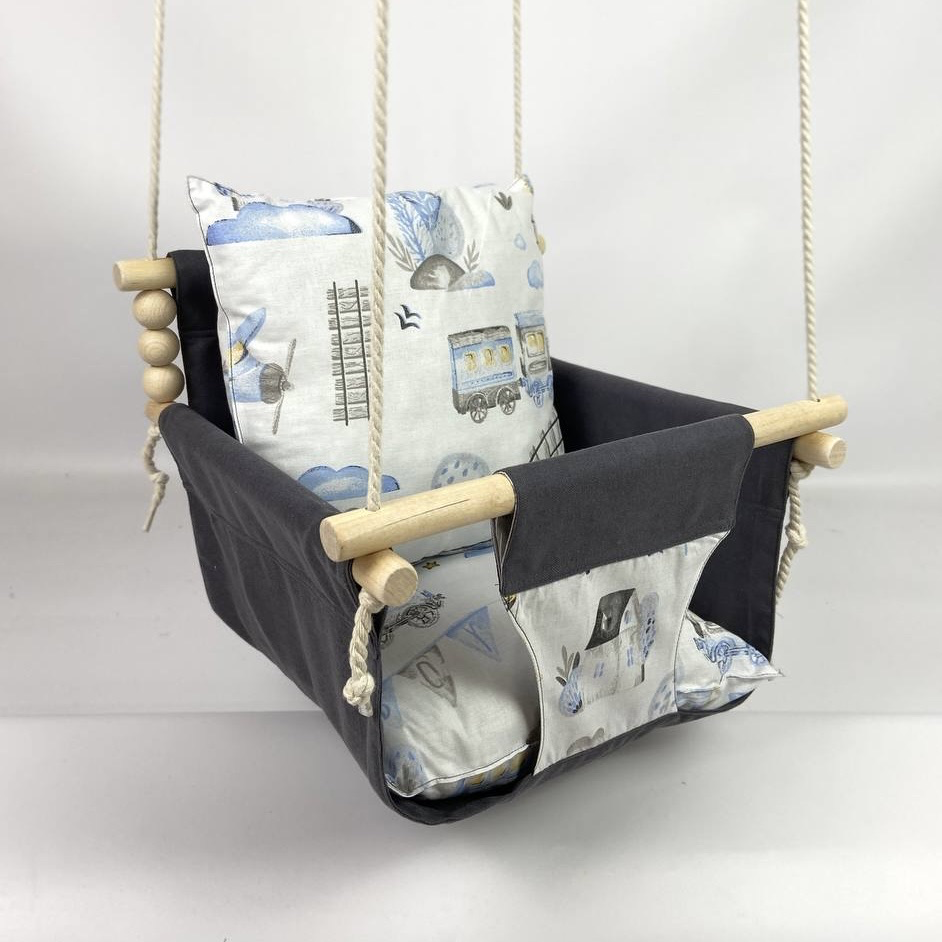 Детские качели подвесные хлопковые Стандарт с поездами Темно-серый (gs-8786)