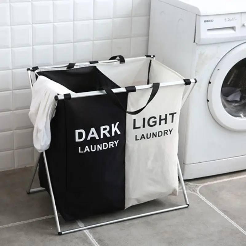 Корзина для белья складная на 2 сика для темного и светлого белья 61х57х35 см (400ca266) - фото 2 Корзина для белья складная на 2 сика для темного и светлого белья 61х57х35 см (400ca266) - фото 2