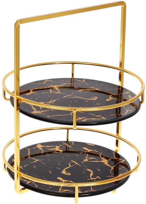 Фуршетная стойка Мраморная Роскошь Ø 28 См 2-Х ярусная фарфор круглая Черный мрамор (BD-954-517)