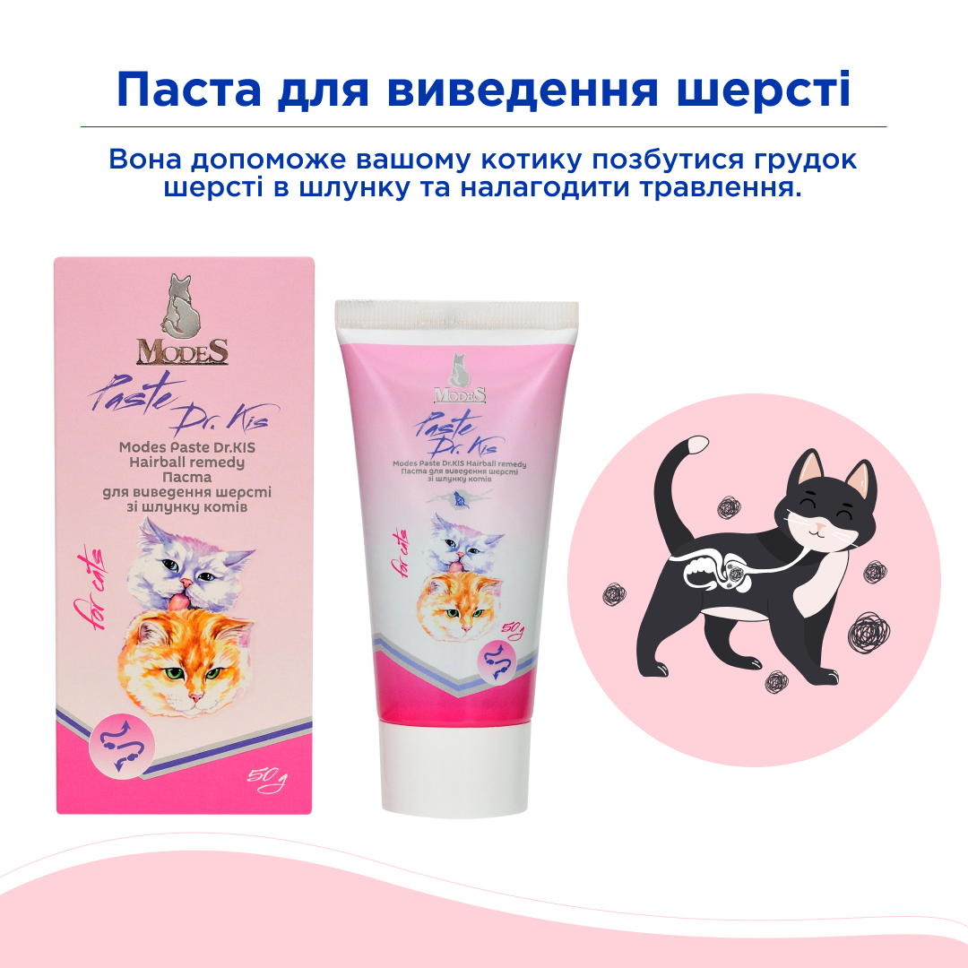Вітаміни ModeS Paste Dr.KIS Hairball remedy для виведення шерсті зі шлунку котів 100 г (27874478) - фото 6