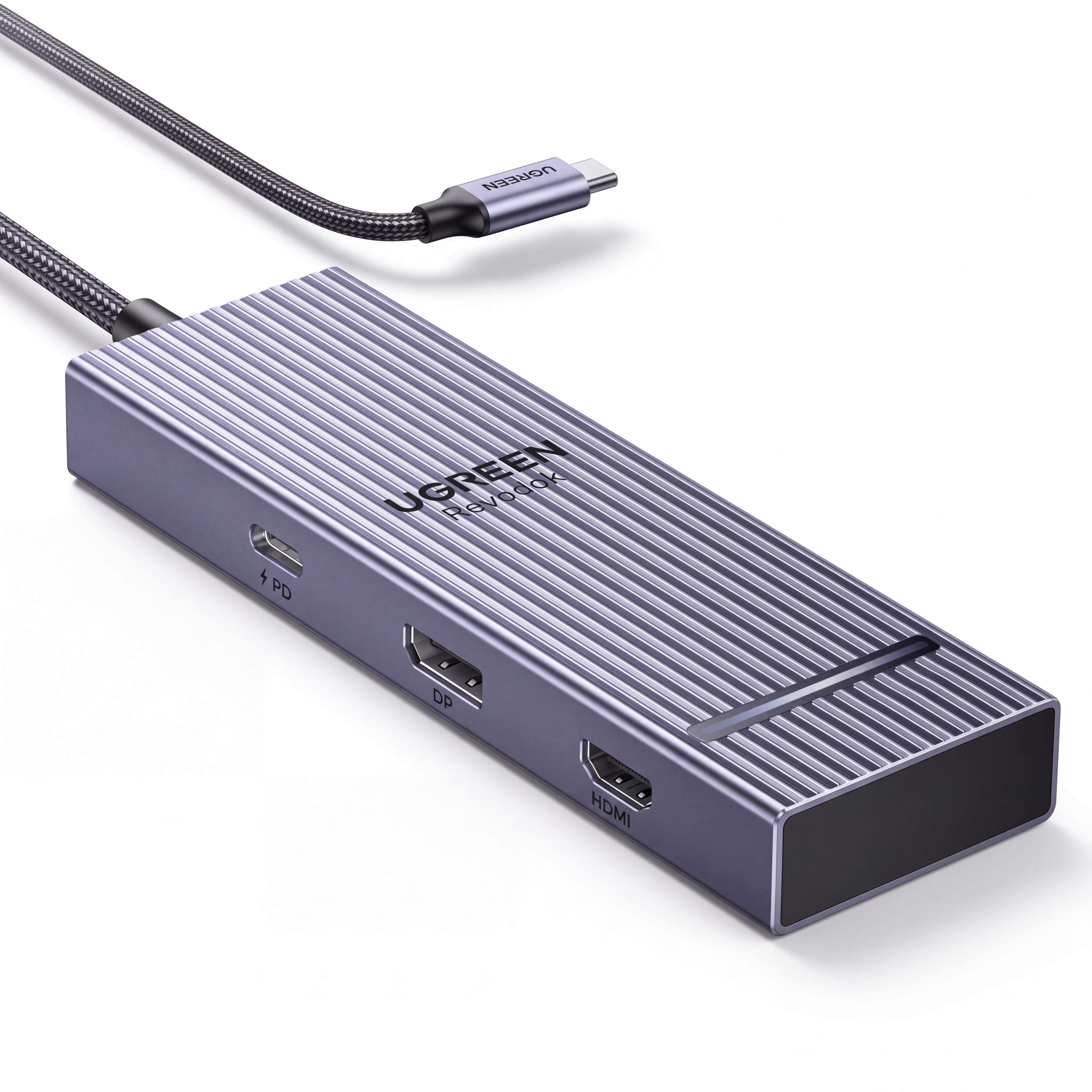 Док-станция USB-C UGREEN Revodok CM880 7в1 HDMI и DisplayPort для 2 мониторов для видео нужен DP Alt Mode 4 USB-A вход PD до 100 Вт Серый (55610)