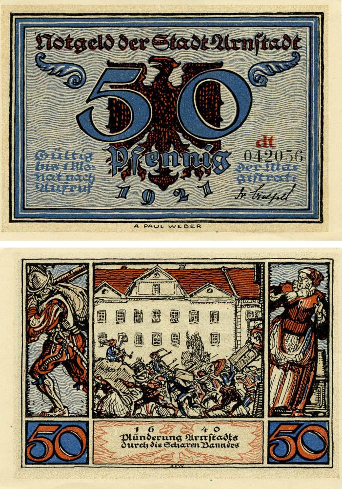 Коллекционная банкнота Германия Нотгельд 50 пфеннигов 1921 F-VF Арнштадт Разновидность 2 (Б18757)
