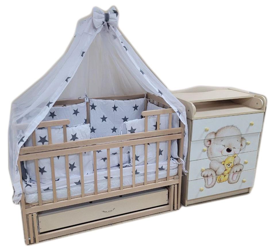 Комплект Лодка Эко: комод Венге светлый/кроватка-маятник Лодка Еко без лаку с ящиком/матрас Кокос/постельный набор