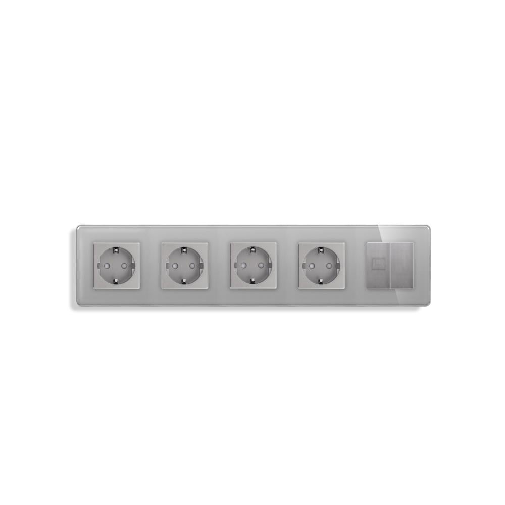 Розетка п’ятимісна ELIOS силова/інтернет RJ-45 настінна скляна рамка Сірий (TW-M5FCAT6BLK-GY)