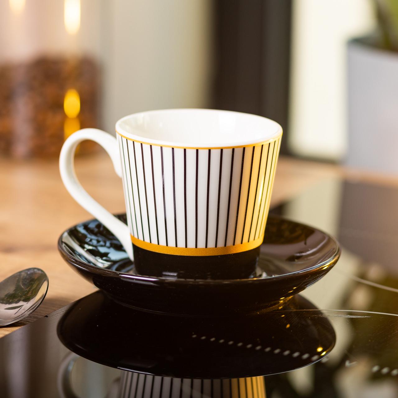 Чашка керамическая с блюдцем для чая и кофе 200 мл в полоску Белый - фото 3 Чашка керамическая с блюдцем для чая и кофе 200 мл в полоску Белый - фото 3