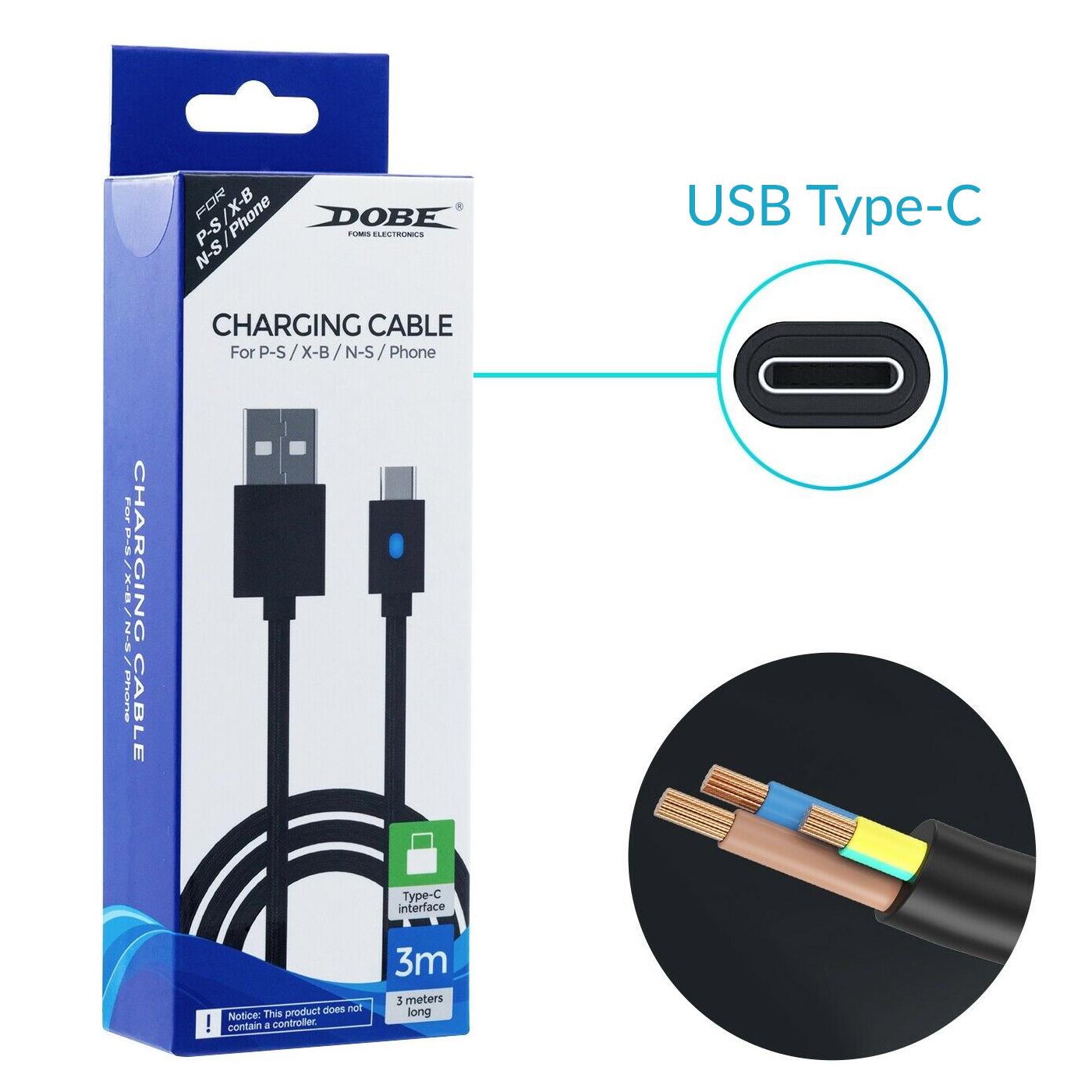 Зарядний кабель Dobe 3 м USB/USB Type-C для геймпада DualSense Sony PlayStation PS5/PS5 Digital Edition/Microsoft Xbox Series S,X/Nintendo Switch з LED підсвічуванням статусу зарядки (9372069) - фото 7