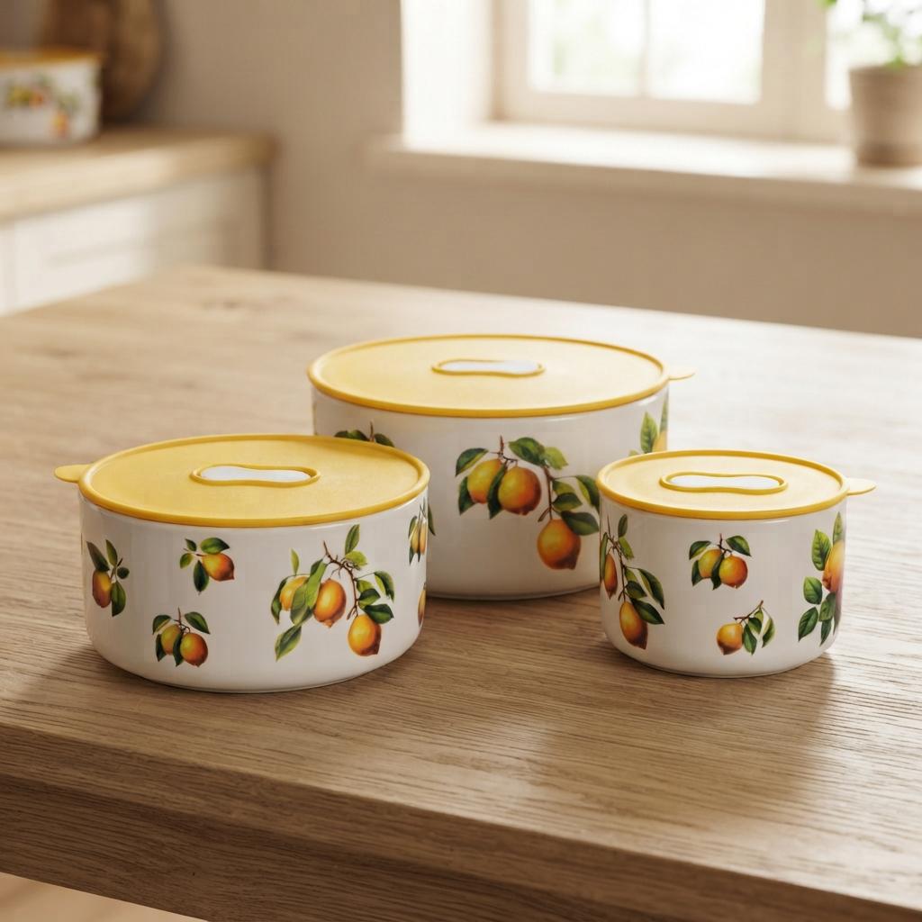 Контейнеры для еды фарфоровые Lemon с крышками d 9,5/13/15 см 3 шт. 300/550/800 мл Белый (TS-3P-1)