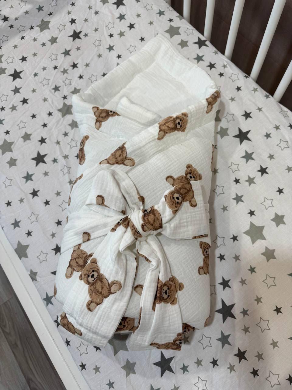 Конверт одеяло для выписки Мишки из роддома муслиновый 75х100 см Белый (П4К-am-bant-010)
