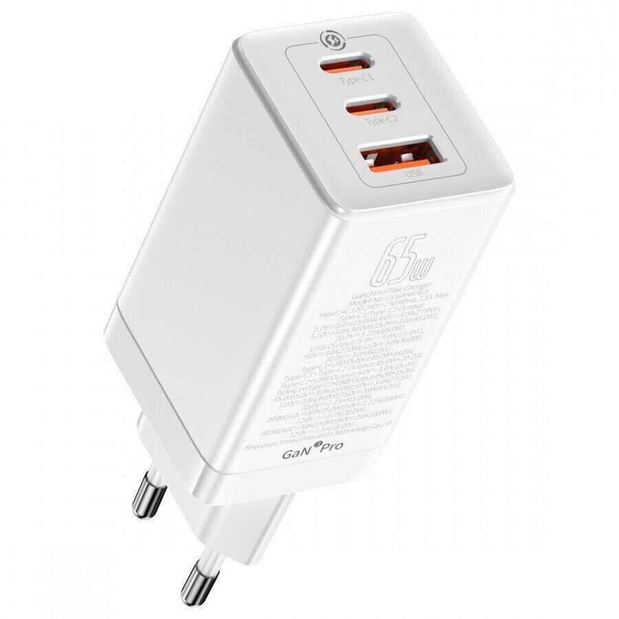 Зарядний пристрій мережевий BASEUS GaN3 Pro Fast Charger QC4.0+PD3.0 65W USB+2Type-C 3 A (186003)