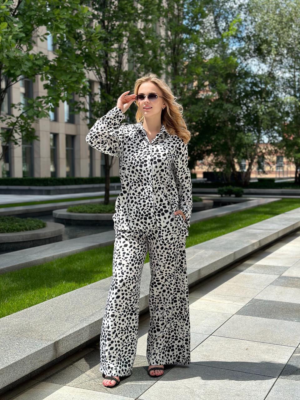 Костюм женский софт рубашка и брюки пятнистый узор 3XL Черно-белый (2656570184) - фото 3