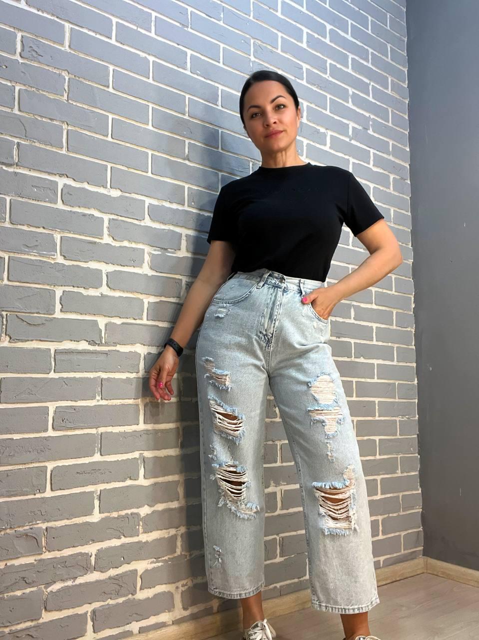 Джинсы женские ITS Basic 2832 STRAIGXT широкие укороченные облегченные рваные р. 36 Голубой (2005) - фото 5