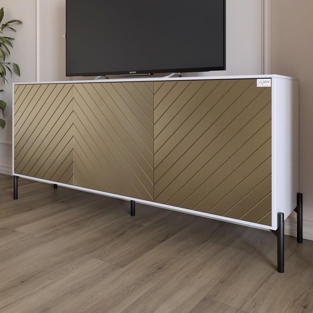 Тумба под телевизор с черными металлическими ножками Lion Амарант 168x40x76,5 см Нимфея Альба белый/Перламутровый металлик (Lion-043047)