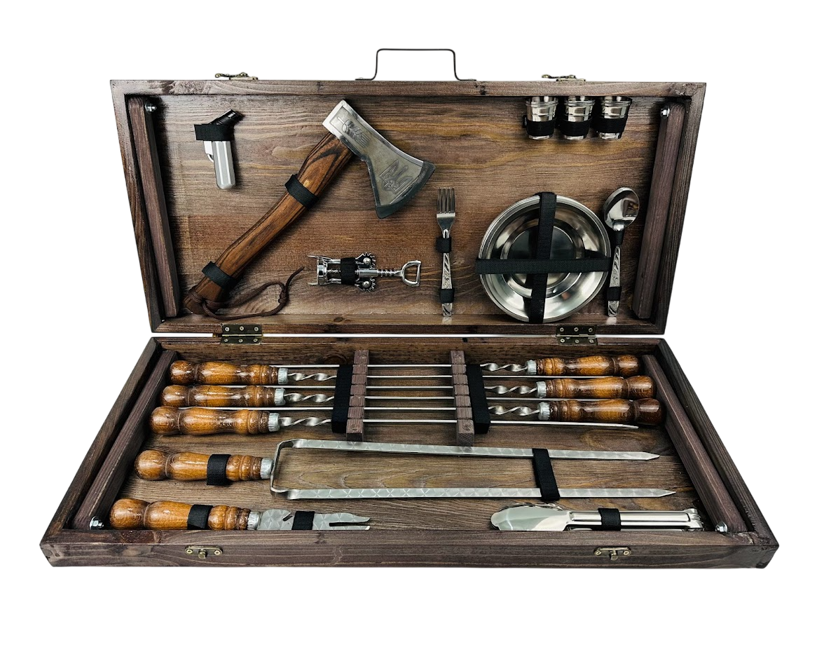 Набор шампуров Кизляр МАХ для пикника 36 предметов с аксессуарами из столом-трансформером 74х34х10 см Коричневый (124-10-KS-7502)