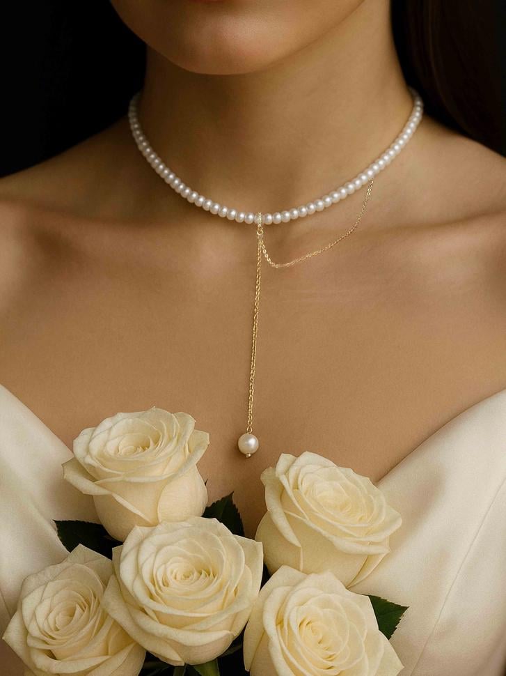 Кольє з натуральних перлів з ланцюжком та підвіскою перлини (5468) - фото 3